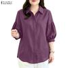 Women Casual Turn Down Collar Solid Color 3/4 Sleeve Loose Blouse
