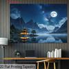 2D Asian Mountain Night Backdrop, Starry Sky and Misty Water