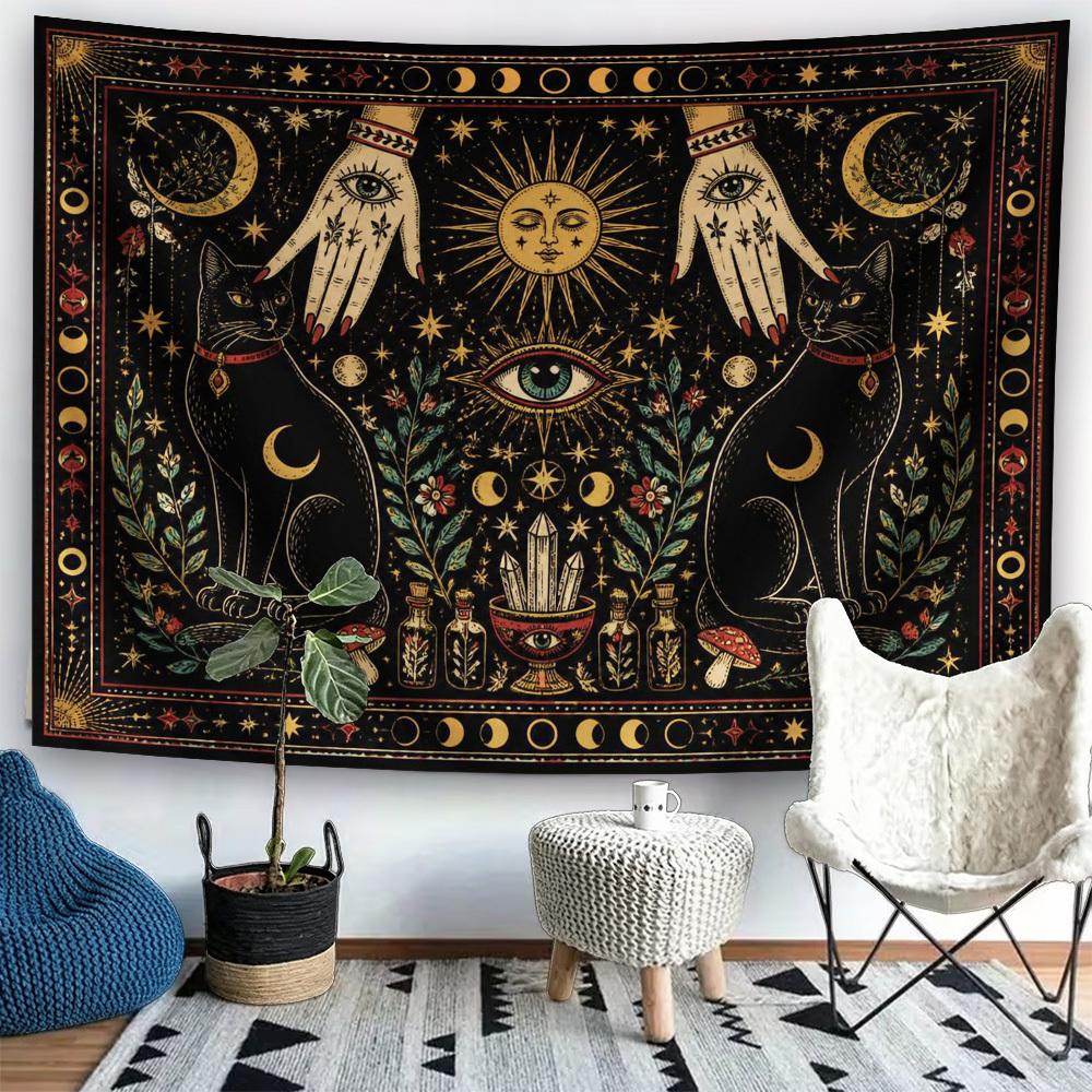 2D Flat, Mystic Cats Guardian Tapestry Wall Hanging - Horizontal with Suitable for Bedroom, Dorm, Living Room Decor - Fabric Hanging for Home Decorati