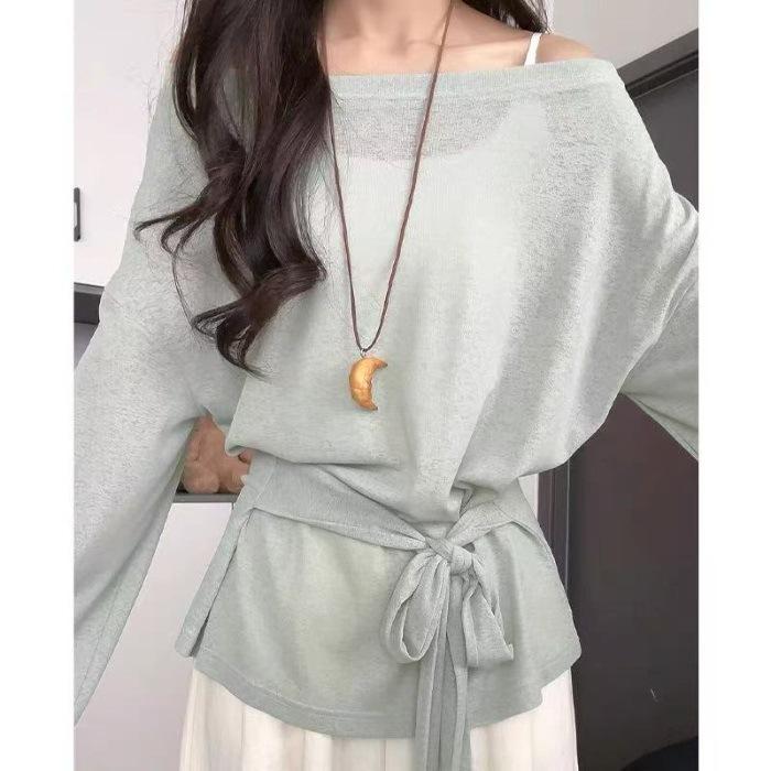 Spring and Summer New Lazy Loose and Thin Versatile Straps Round Neck Slightly Transparent Thin Sunscreen Blouse Top