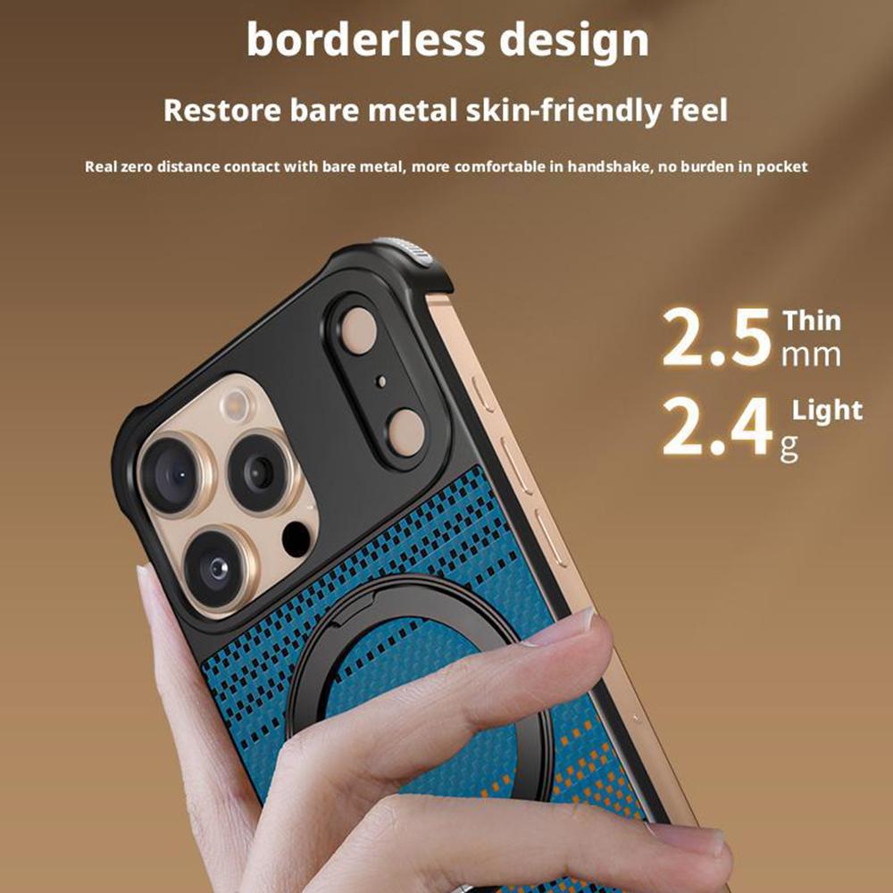 For iPhone 16 Pro Max Magnetic Case Borderless Carbon Fiber Texture PU Metal Phone Cover with Kickstand