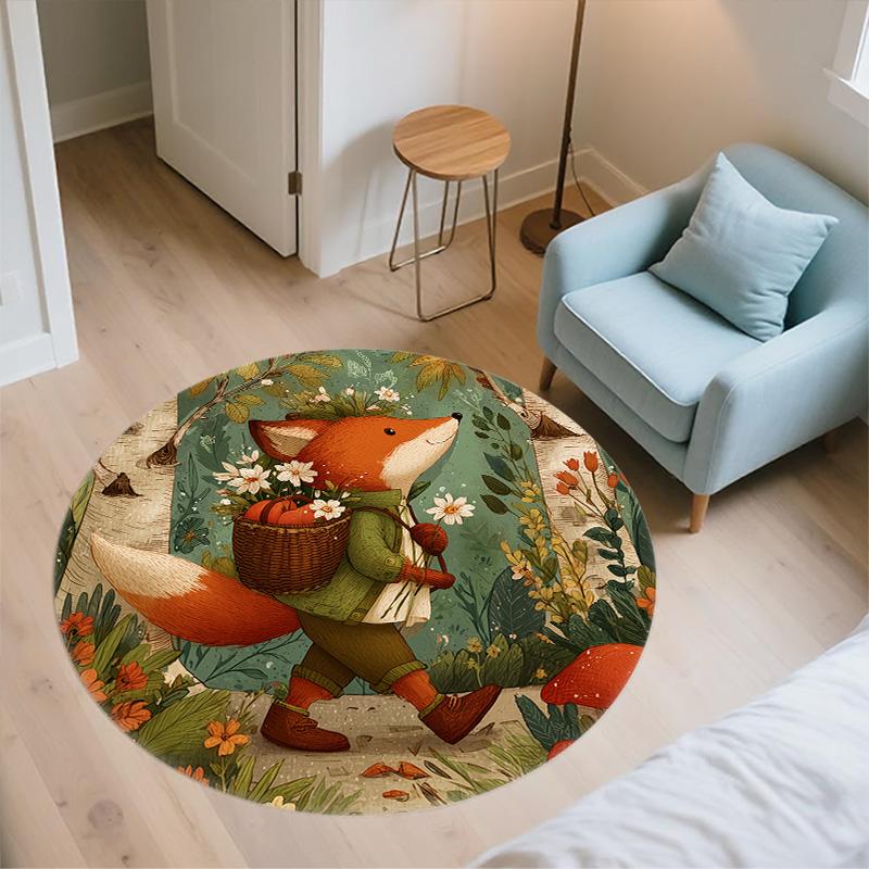Cute Fox,Round Area Rug,Carpet Rug for Living Room Bedroom Sofa Playroom Decor,Non-slip Floor Mat