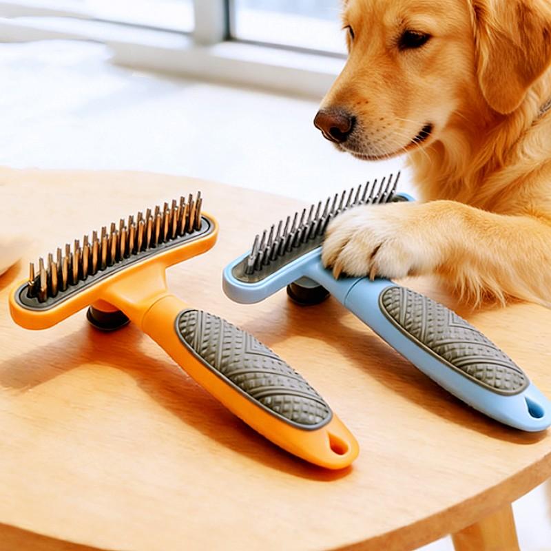 Dog Comb One-click Dog Brush Double Row Rake Combs for Dogs Hair Knot Cleaning Self Cleaning Dogs Rake Comb Pet Grooming Brush