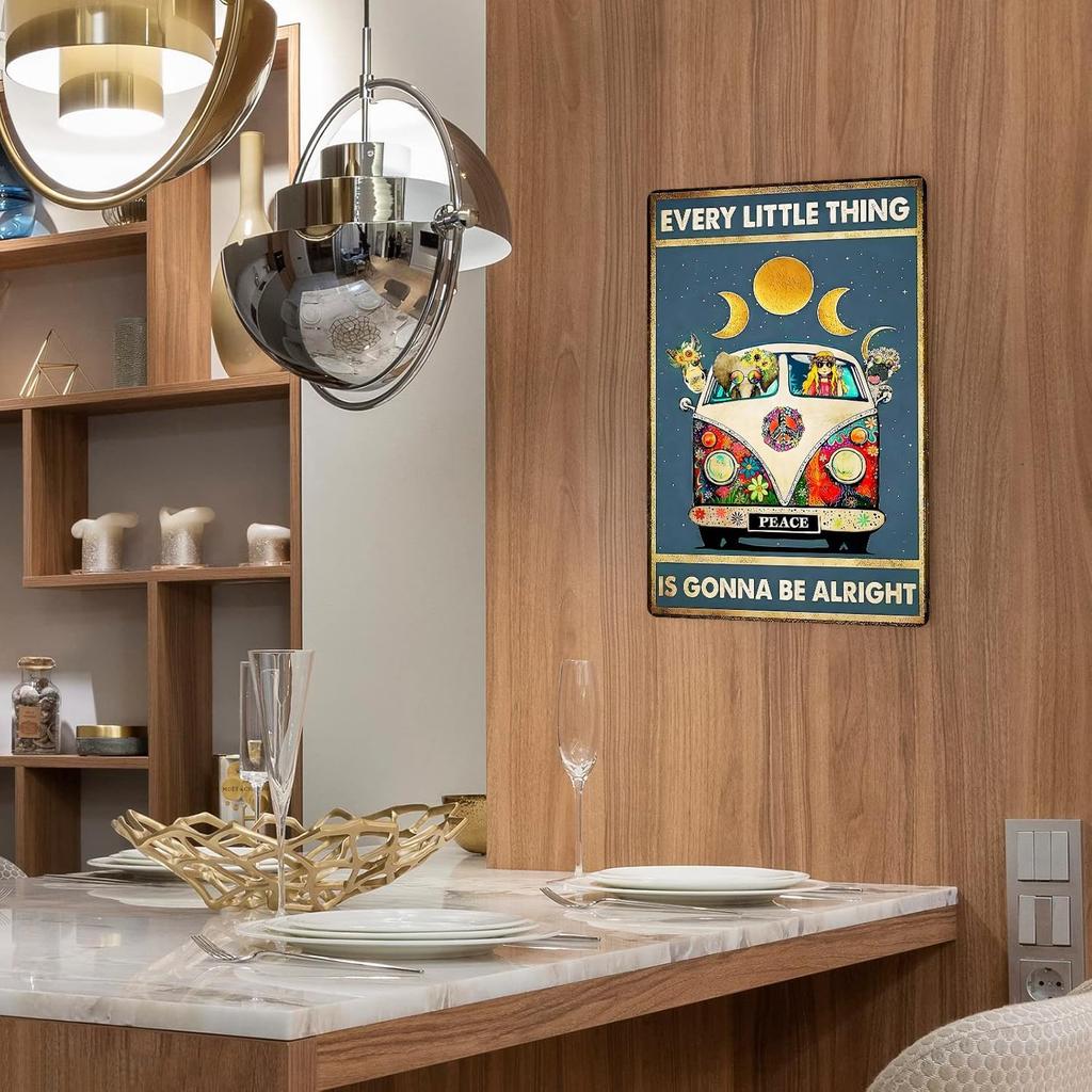 WTREEW Retro Hippie Decor Wall Art Poster - Every Little Thing Is Gonna Be Alright Vintage Metal Sign Peace Wall Decor