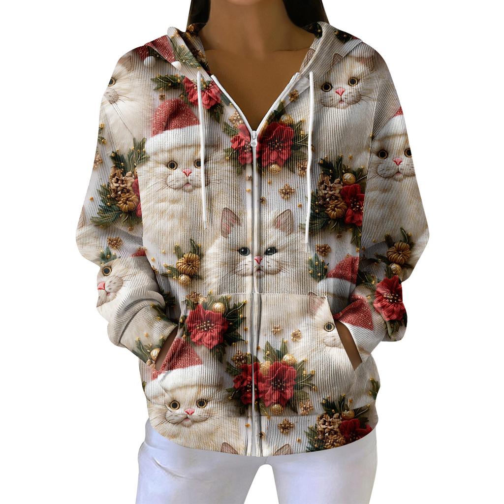Sudadera con capucha de punto casual para mujer de moda con cremallera y manga larga con estampado navideño