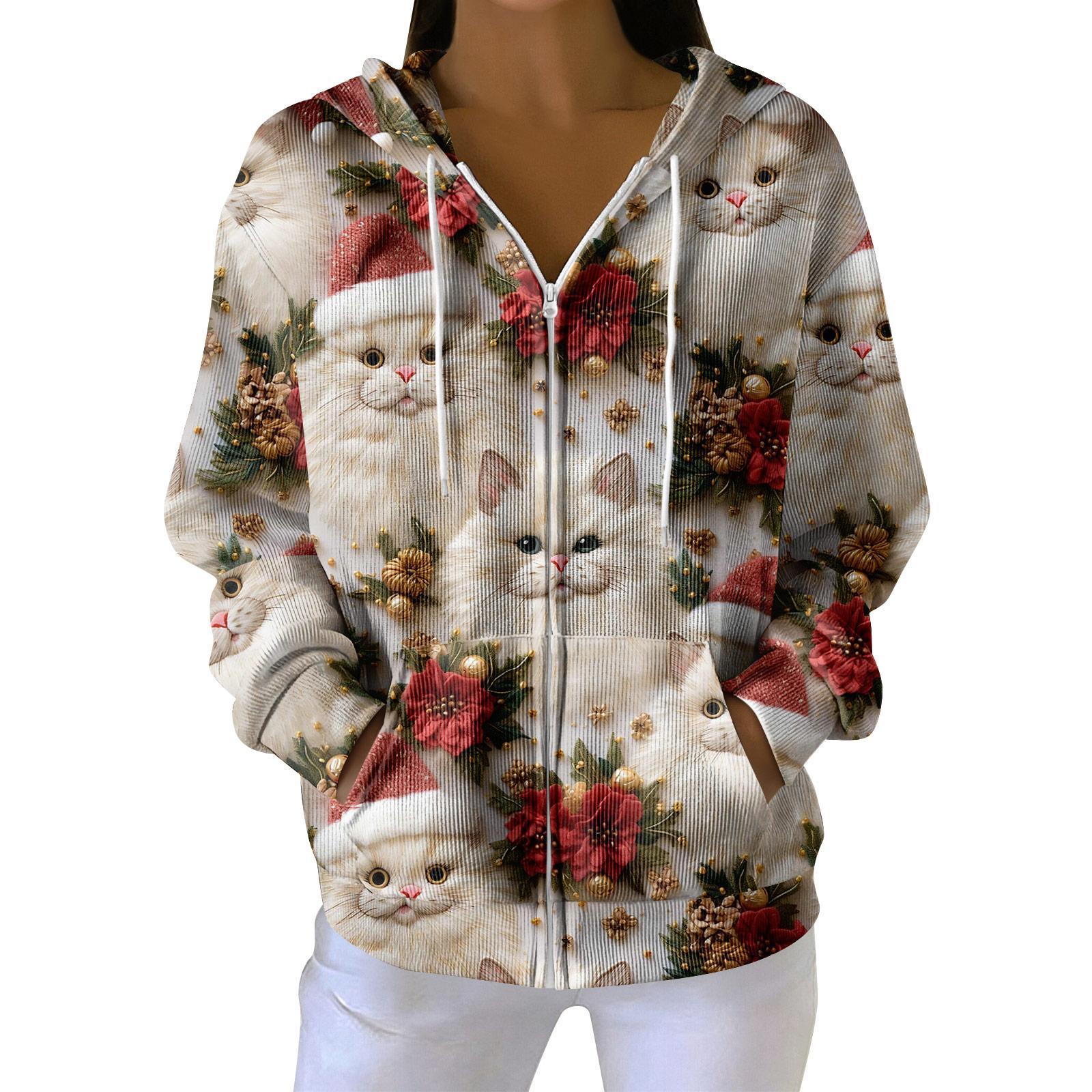 

Женская повседневная модная вязаная толстовка с длинными рукавами и застежкой-молнией, с рождественским принтом XXL белый