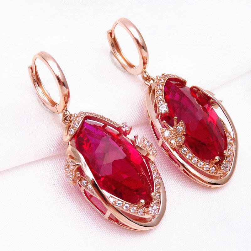 Exquisite Russian Purple Gold Inlaid Colored Gold Luxury Temperament Style Korean Version Water Drop-Shaped Rose Gold Redstone Earrings