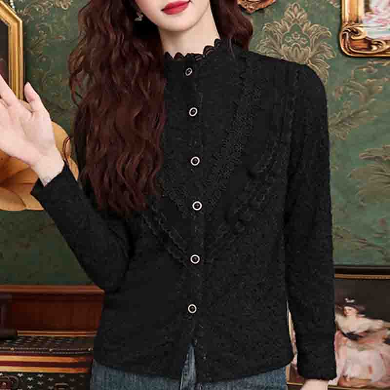 

Мода 2024 осень длинный рукав воротник стойка черная тонкая кружевная блузка рубашка женские топы блузки рубашки J407