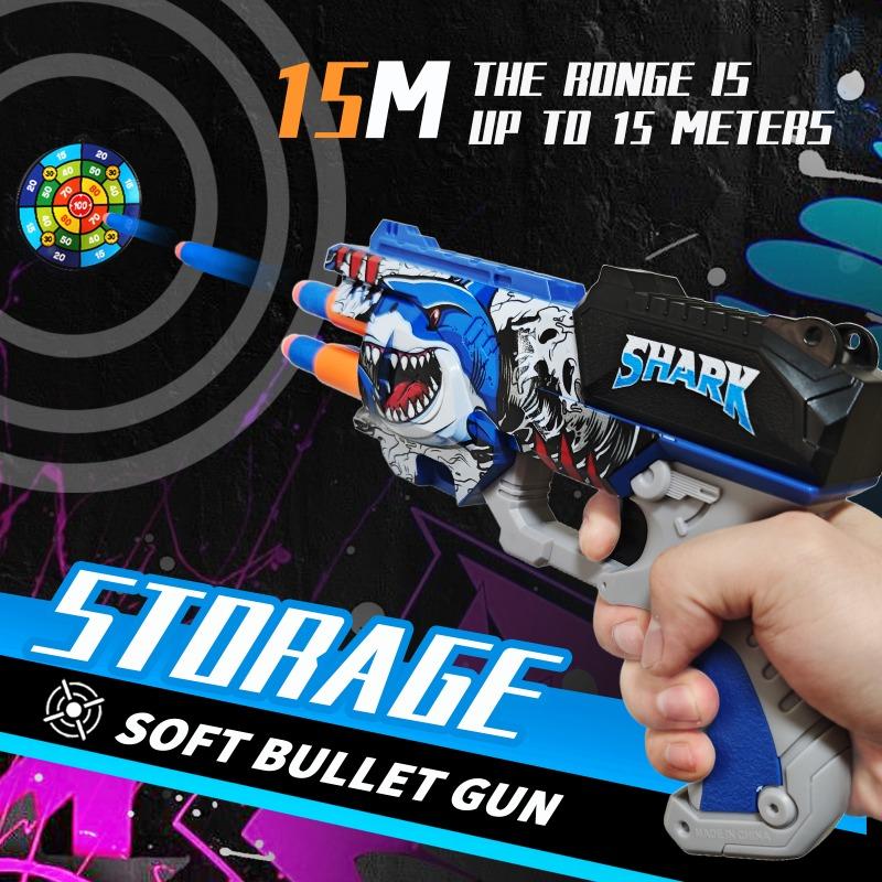4-S Shark Graffiti Toy Blaster Set with Target EVA Soft Foam Darts Wrist Strap Interactive Shooting Game for Kids Boys Gift