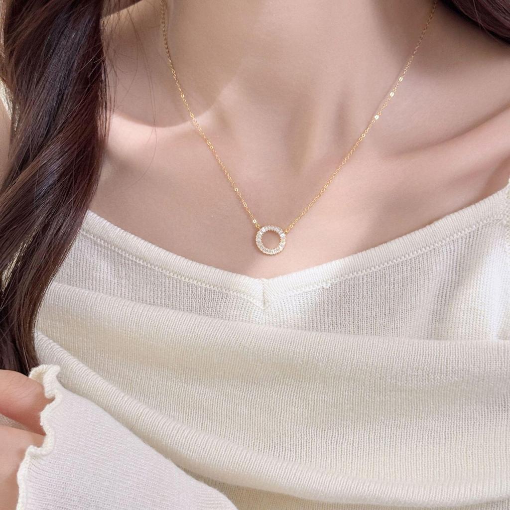 Colar S925 Prata de Lei Banhado a Ouro 18K com Pingente de Zircônia Trapezoidal e Anel de Estrela Geométrica em Corrente para Clavícula