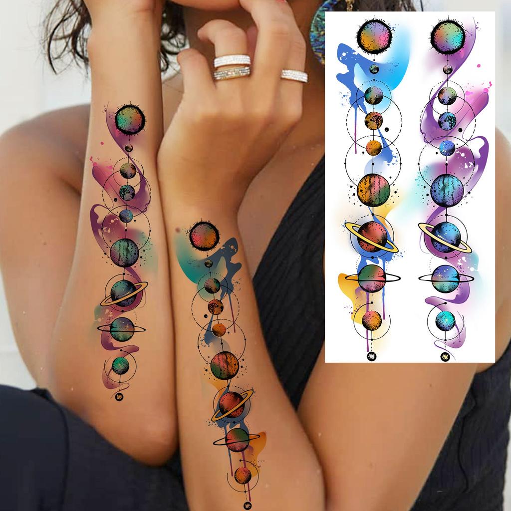 1 Sheet 3D Watercolor Universe Planets Temporary Tattoos For Men Women Long Lasting Waterproof Fake Tattoo Sticker Body Arm Art