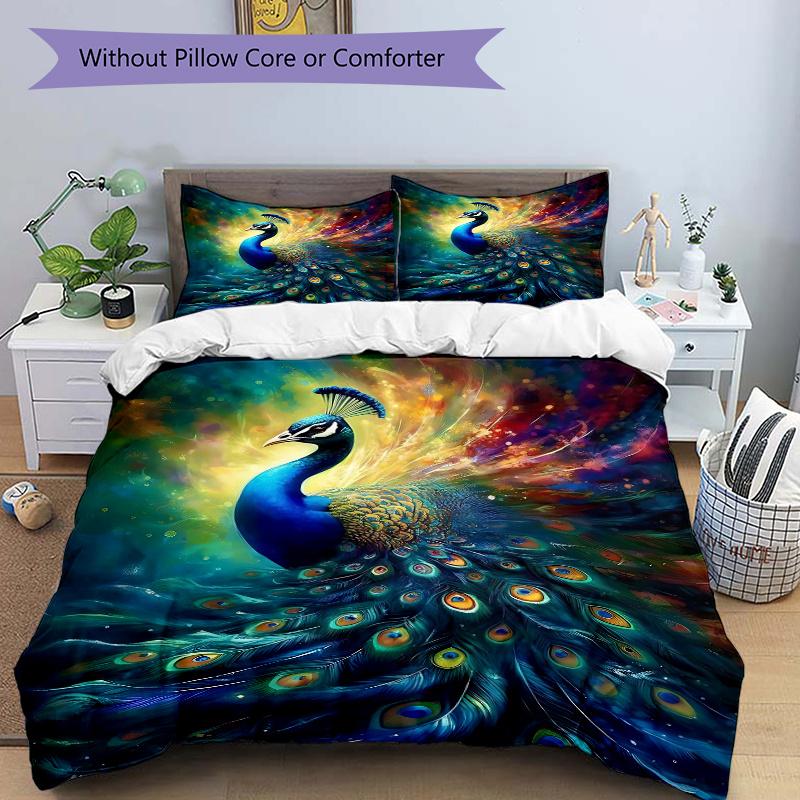 3pcs Peacock with Colorful Feathers Printed Quilt Set - Includes 1 Quilt Cover and 2 Pillowcases, Machine Washable - Suitable for All Seasons.J07 135x200cm
