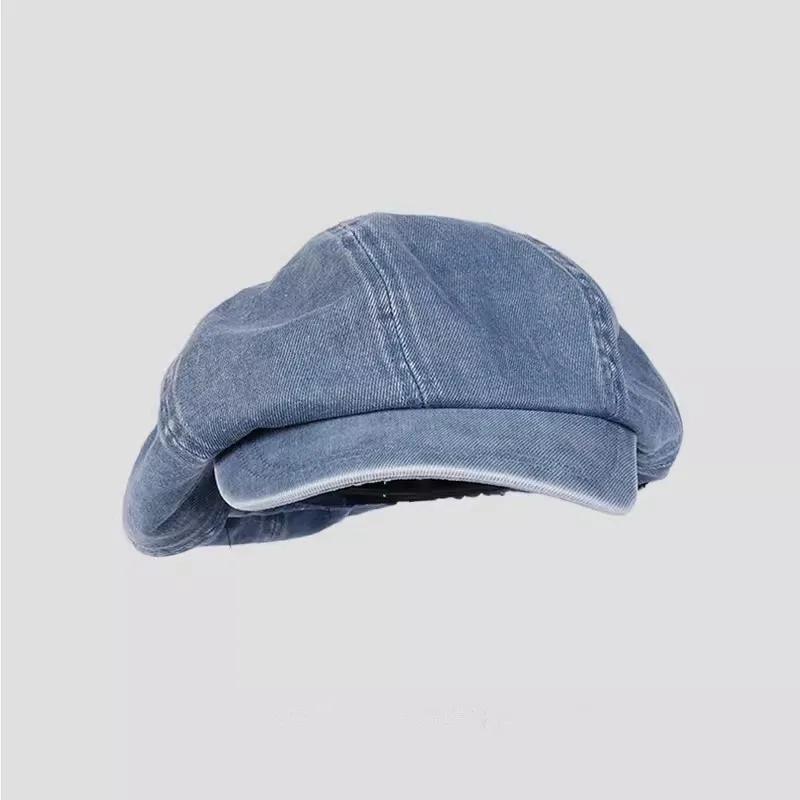 

2025 Washed Denim Beret Hat 2025 Trendy Unisex Painter Cap Vintage Newsboy Style Adjustable Artistic Headwear L (55-58cm) светло-синий