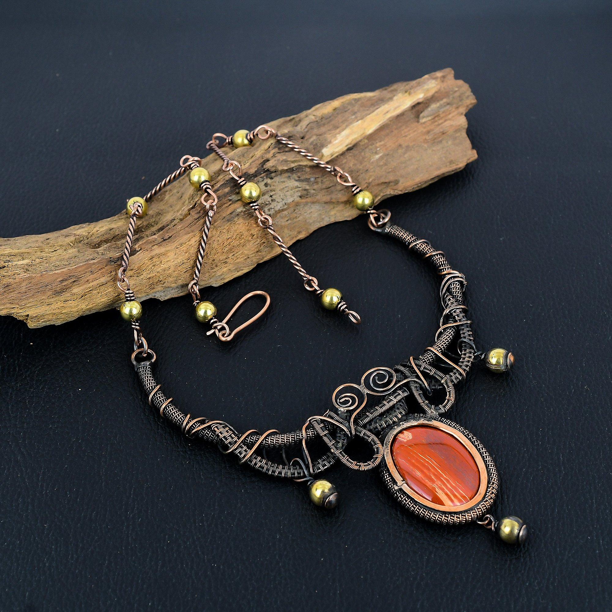 

Ожерелье из красной речной яшмы, Ожерелье, обернутое медной проволокой 999 пробы, Ювелирные изделия из драгоценных камней, Ожерелье ручной работы, Удивительные украшения, Подарок для нее