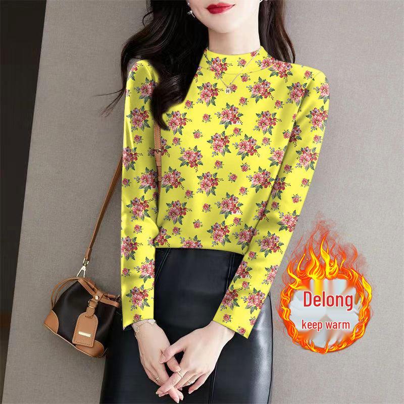

Women s Ribbed Fleece Floral Base Layer Top, Semi-High Neck, Long Sleeve, Versatile Slimming Fit for Moms. XL (105-120 kg)