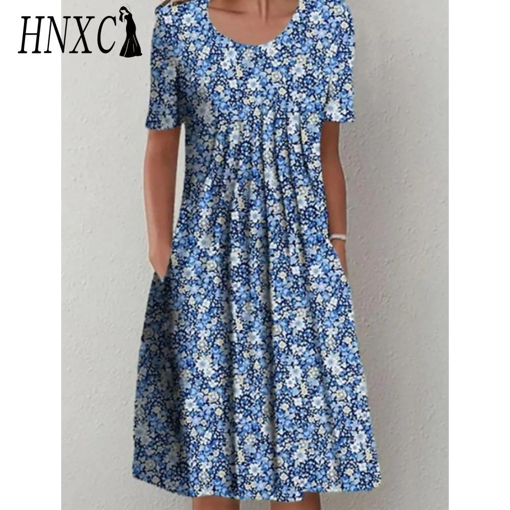 HNXC 30 Color Pleated Midi Dress Short Sleeve Round Neck Loose Hem Mid-Calf Length Women Floral A-Line Party Dress Casual Wear