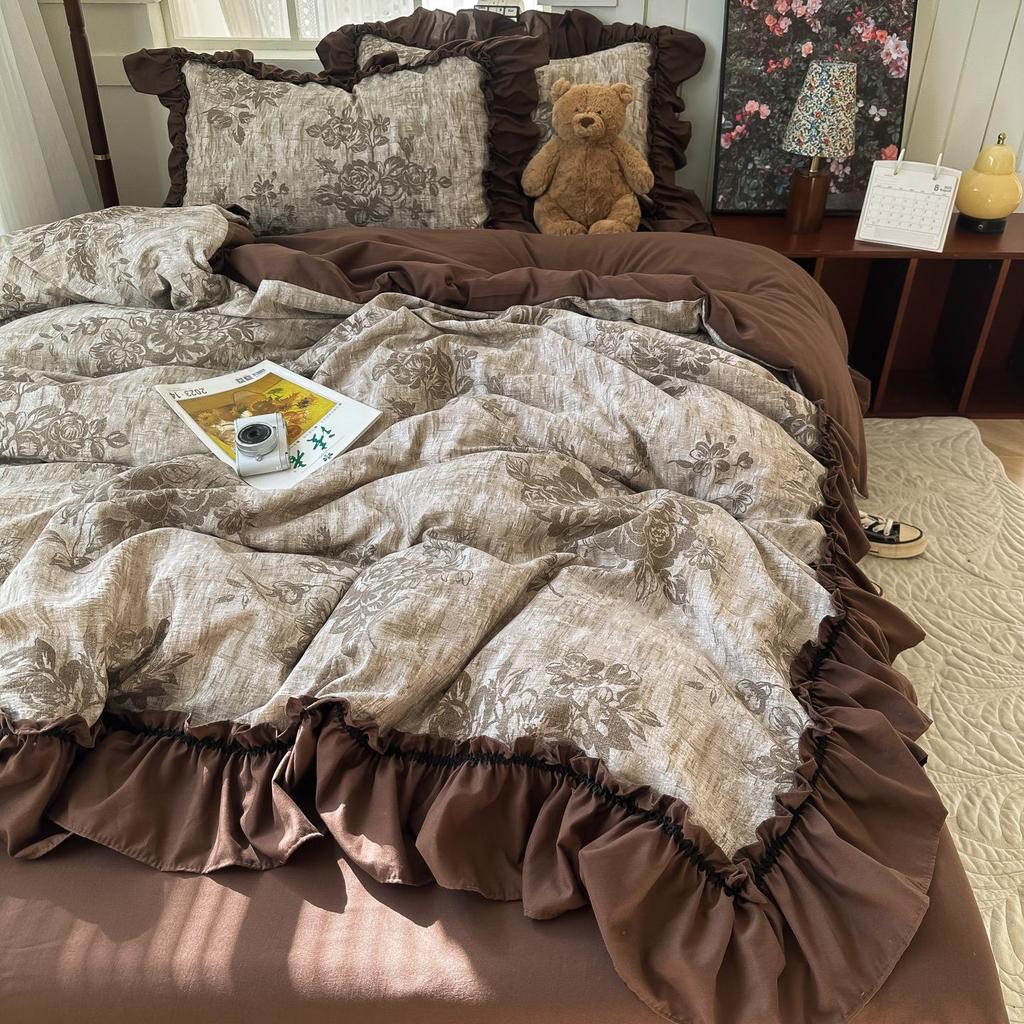 French Retro Lace Linen Bedding Set: Skin-Friendly Duvet Cover & Fitted Sheet