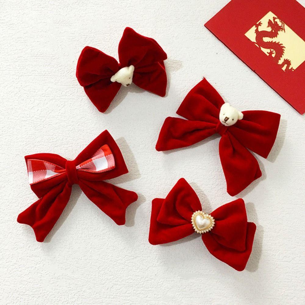 Plush Children Red Bow Hairpin Crown Hanfu Hair Sticks Cute Chinese New Year Headwear  Children