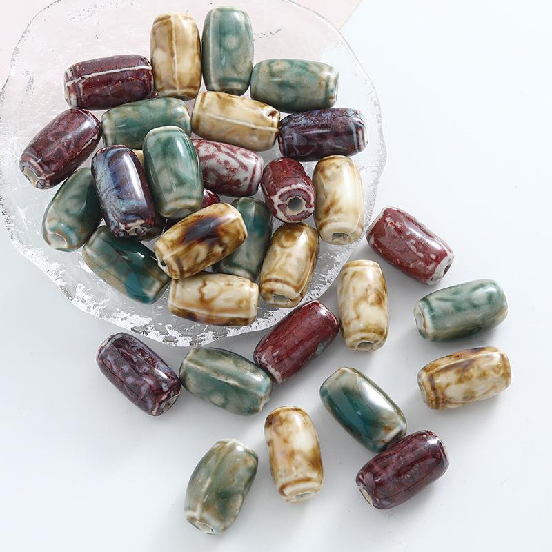 5PCS Flower Carving Glaze Transformation Ceramics Barrel Beads Loose Spacer Beads for Jewelry Making DIY Bracelet Accessories