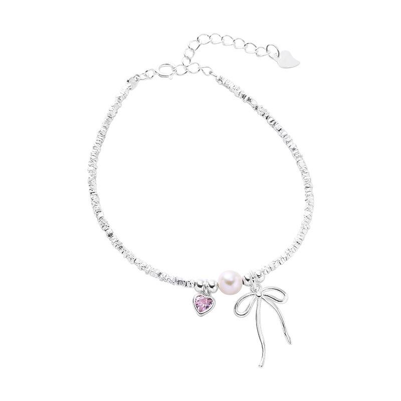 S925 Sterling Silver Small Pieces of Silver Bow Bracelet Pink Love Pearl Bracelet Female Sweet Girlish