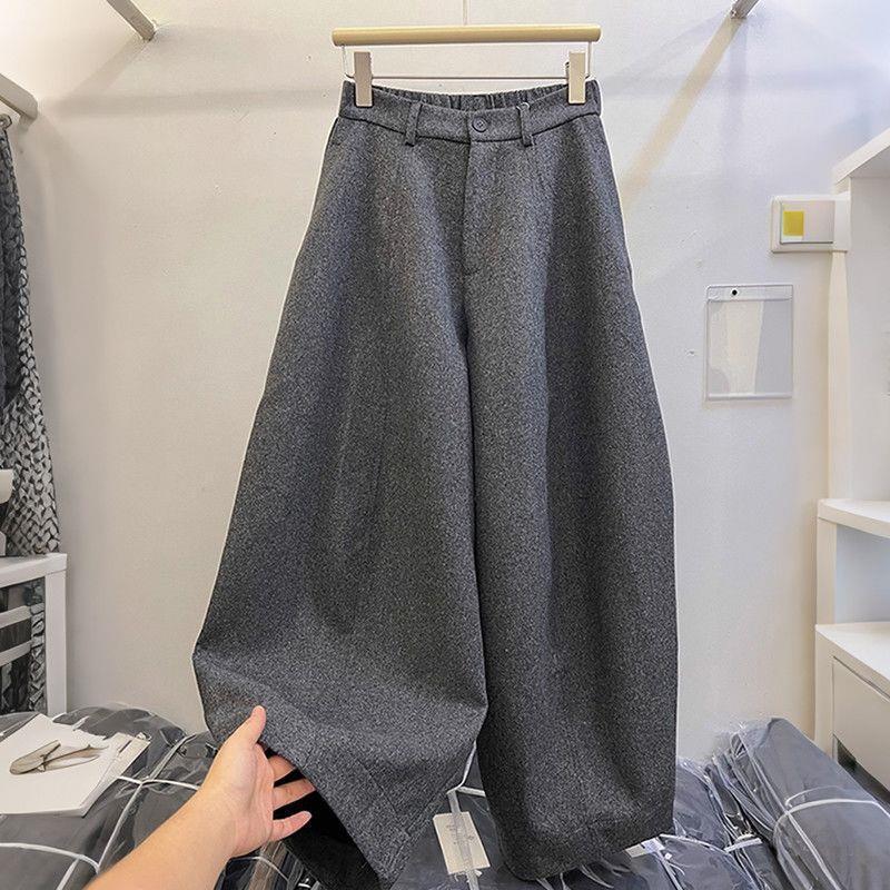 European-Style Petite Dark Grey Wool High-Waisted Casual Trousers for Women