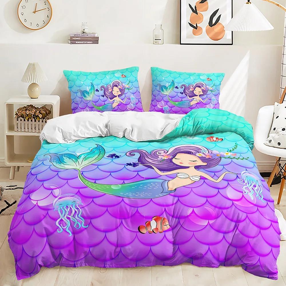 Cartoon Mermaid Bedding Set Comfortable Duvet Quilt Cover Pillowcase Bedding Set Children Bedroom Decoration Home Textile
