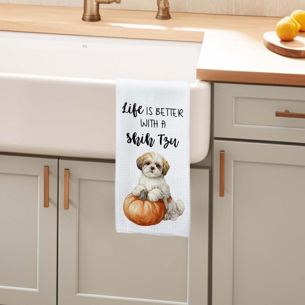 Shih Tzu Gifts Fall Kitchen Towels, Pumpkin Dog Decor Dish Towel for Kitchen, Gifts for Dog Lovers, Life is Better with A Shih Tzu Halloween Autumn