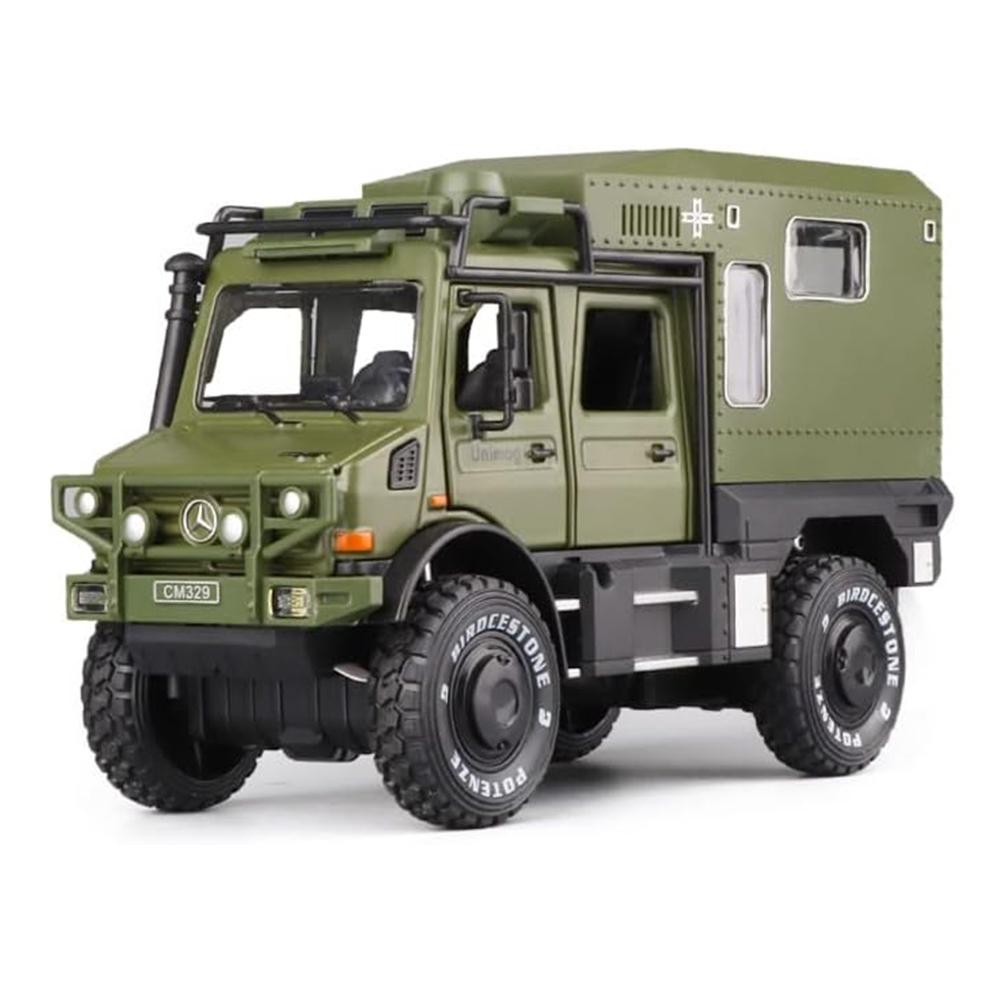 1/32 Scale Benz Unimog Alloy Model Car with Sound and Light, Pull Back Car Model for Kids Toys Party Gifts Collectible