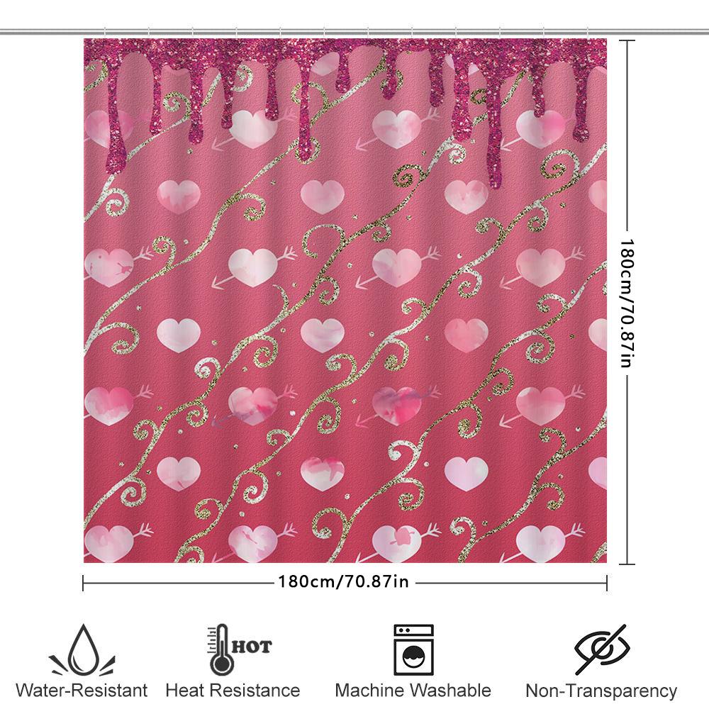 Romantic Heart Print Shower Curtain Pink Gold Waterproof Fabric With Glittery Drip Design For Bathroom Decor