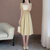 Summer new short-sleeved square-neck dress, bubble-sleeved girl skirt, sweet temperament, waist-over-knee dress