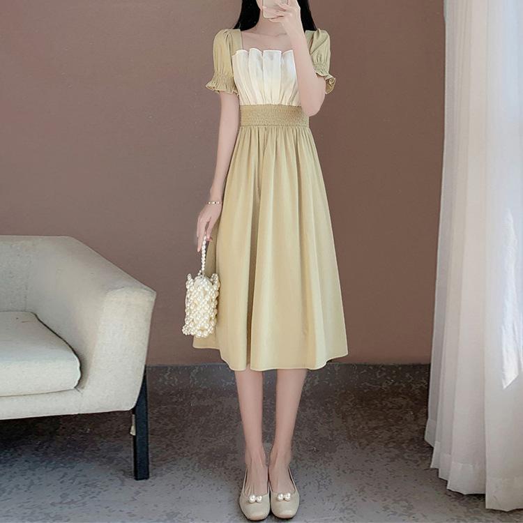 Summer new short-sleeved square-neck dress, bubble-sleeved girl skirt, sweet temperament, waist-over-knee dress