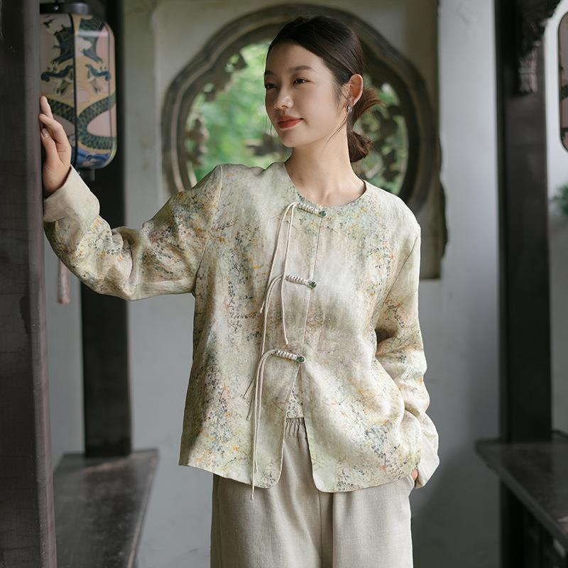 Women s autumn new linen jacket women s sense of retro cotton and linen printed top f [recommended 90-125]