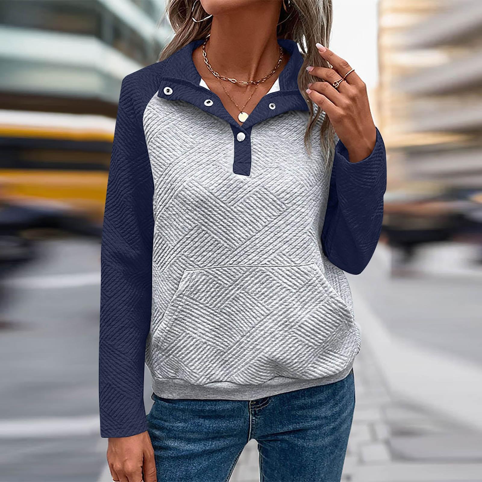 

Женская повседневная и удобная толстовка с v-образным вырезом и воротником-стойкой контрастного цвета с длинными рукавами в стиле пэчворк XL тёмно-синий