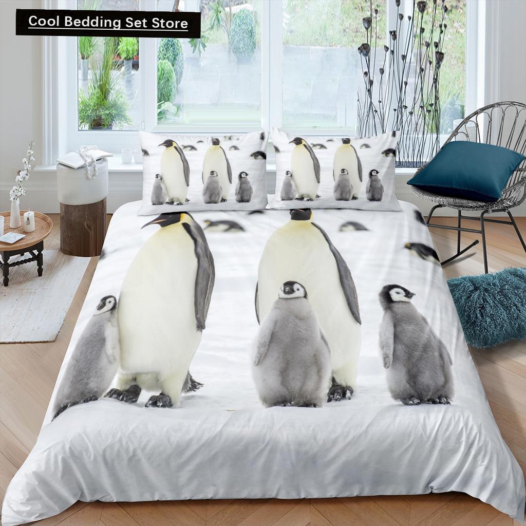 Penguin King Queen Duvet Cover Lovely Black White Antarctic Animals Bedding Set for Kids Wildlife 2/3pcs Polyester Quilt Cover