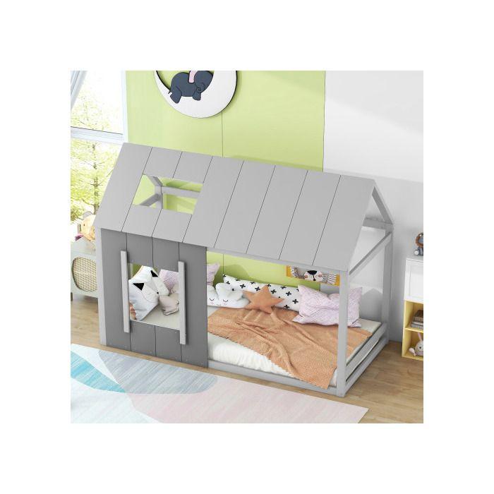 Lit d'enfant - MUVOE - 90 x 200 cm - Gris foncé + gris clair - Maison avec toit et fenêtre - Montage facile