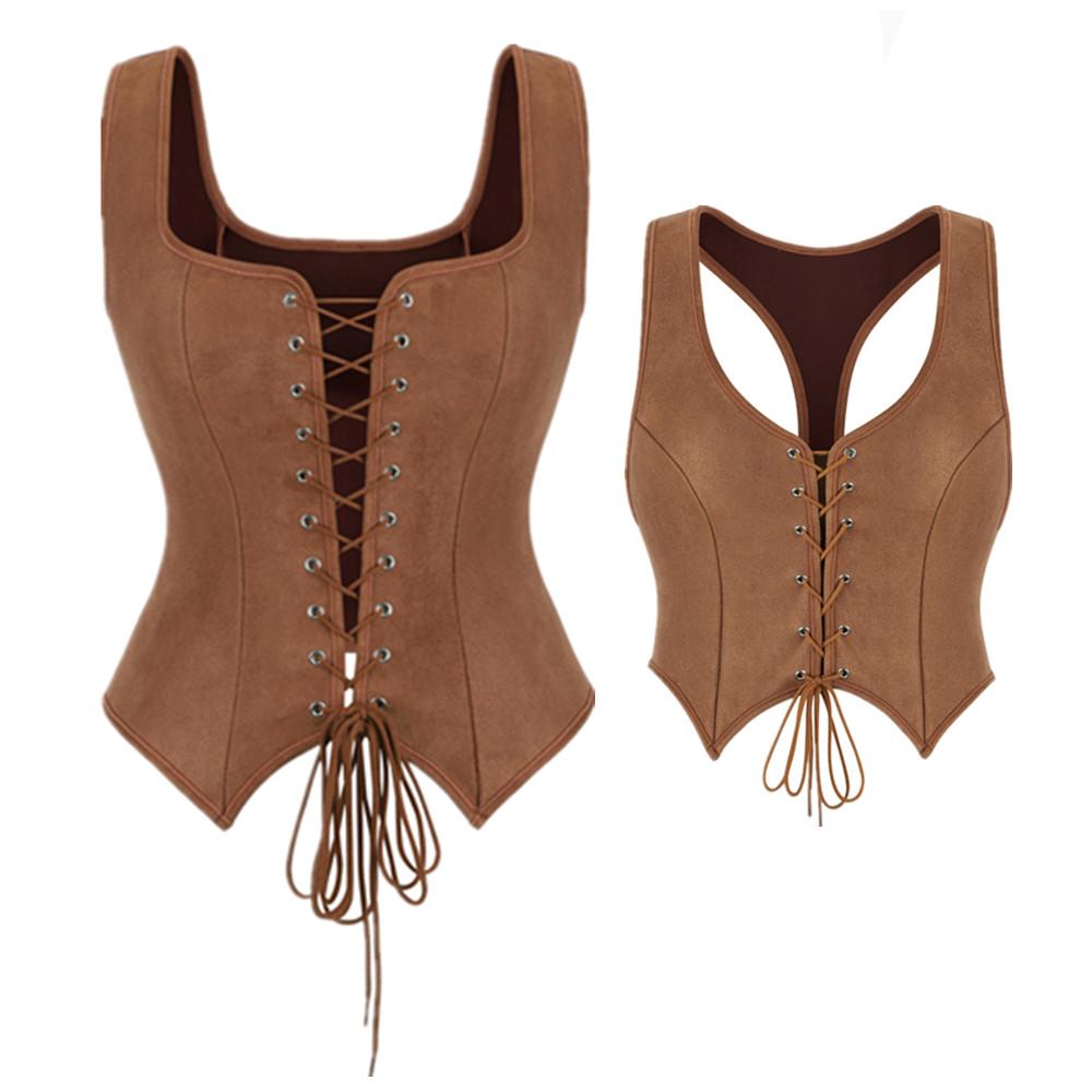 Medieval Women Vintage Suede Corset Top Victorian Pirate Lady Waistcoat Renaissance Cosplay Halloween Costume