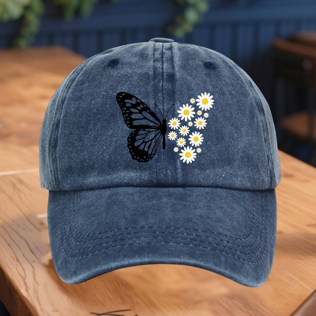 Ladies' adjustable baseball cap with butterfly and daisy floral print, soft, breathable, fashionable and casual headwear to wear