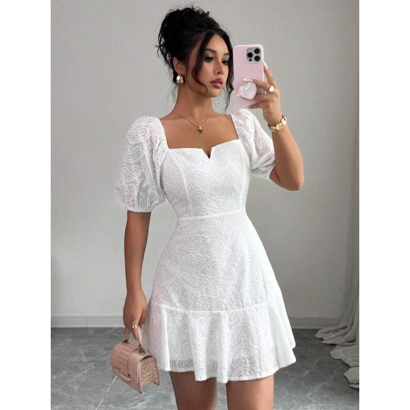 European summer new solid color short sleeve simple casual bubble sleeve short elegant dress women XS