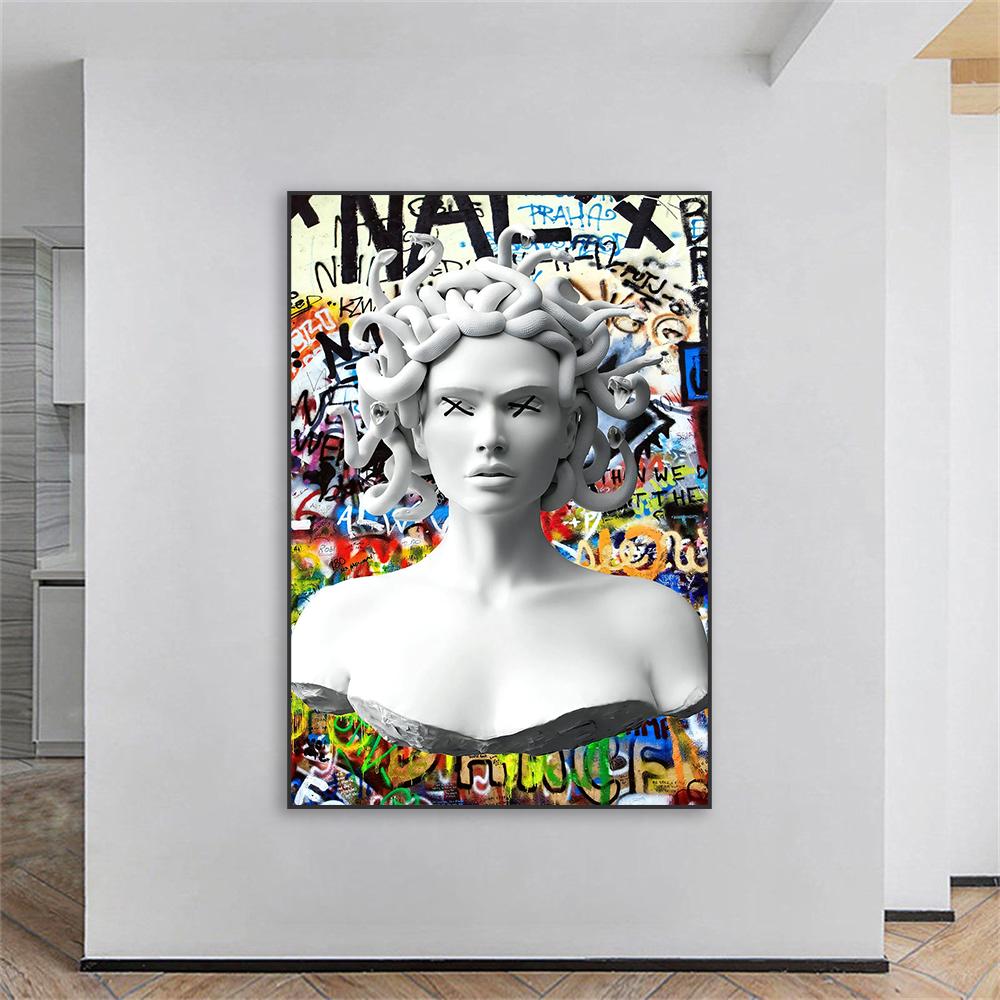 Graffiti Pop Street Coloré Méduse Affiche Sculpture Nordique Bansky Art Impression Grèce Déesse Statue Peinture sur Toile Décoration Intérieure