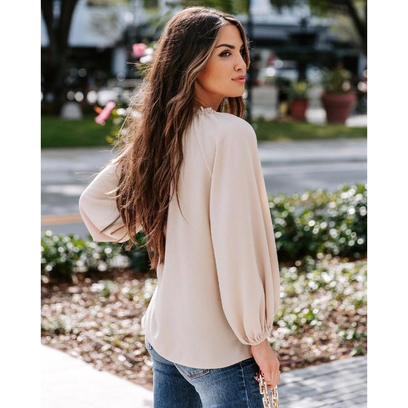 Spring and Autumn Women's Cool Long Sleeve Shirt Solid Color Casual V-Neck Loose Top