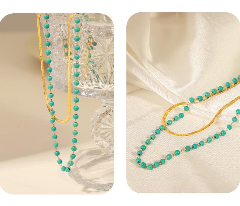European & American Titanium Steel Geometric Turquoise Double-Layer Clavicle Chain Necklace for Women - Fashionable & Versatile Design