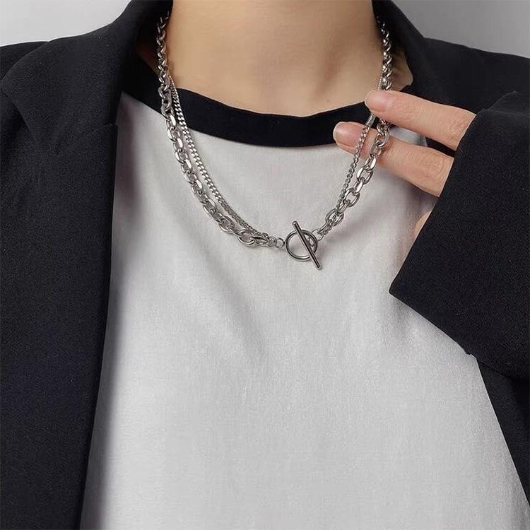 

Японская и корейская двухслойная ключичная цепь: Ожерелье из титановой стали в стиле хип-хоп с крестом и звездой для мужчин и женщин