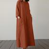 Maxi Abito da Donna in Cotone e Lino Manica Lunga Scollo Rotondo Vestibilità Ampia Tasche Grandi Spacco Laterale Casual Elegante Primavera Estate Vacanza Uso Quotidiano Abito da Sole