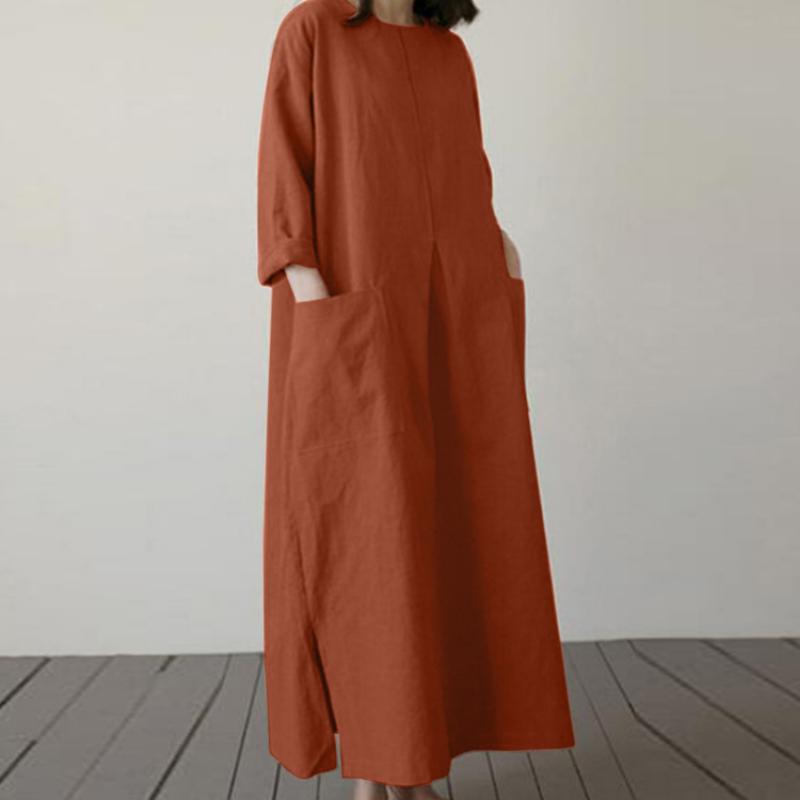 Maxi Abito da Donna in Cotone e Lino Manica Lunga Scollo Rotondo Vestibilità Ampia Tasche Grandi Spacco Laterale Casual Elegante Primavera Estate Vacanza Uso Quotidiano Abito da Sole