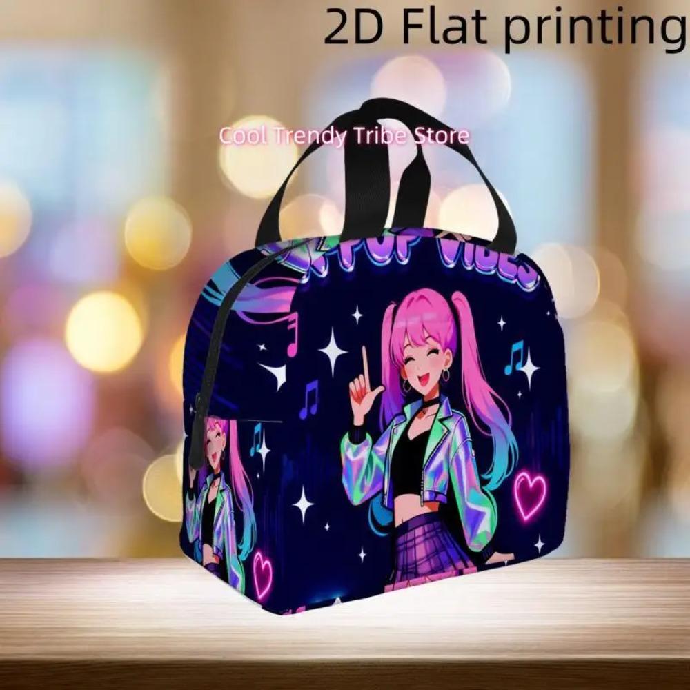1pc, K-pop Girl with Pink Hair and Vibrant Outfit. Printed Insulated Cooler Bag - Reusable Portable Hot Cold Bag for Home Office
