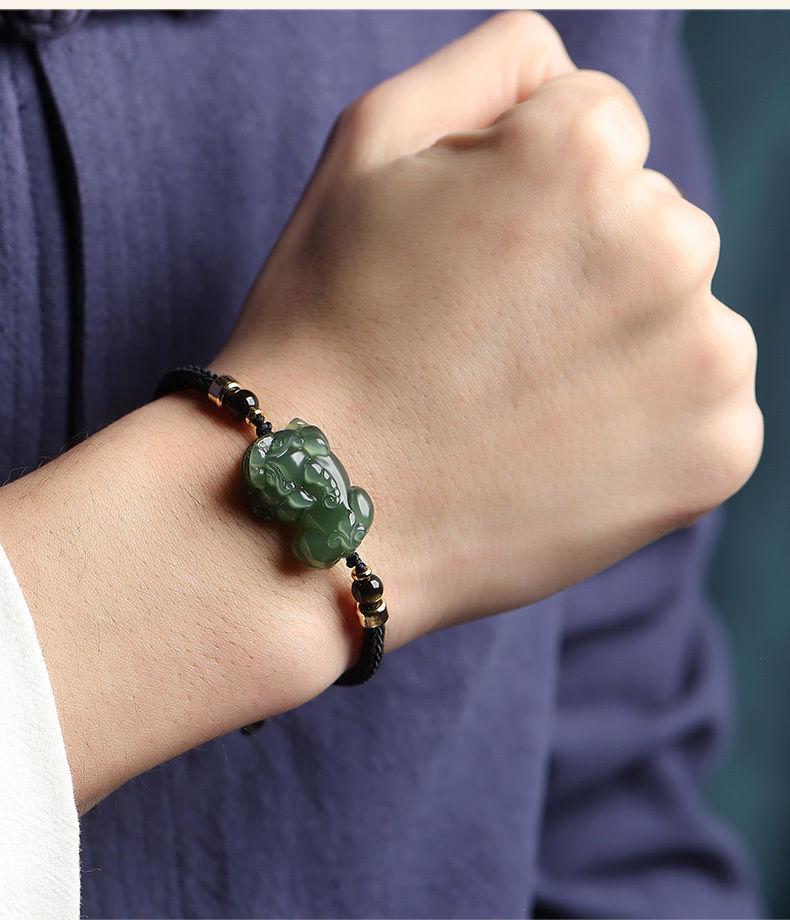 Pulsera Amuleto Pixiu Atractora de Riqueza de Jade Hetian para Parejas - Joyería de Cuerda de Mano de Jade y Cuentas para Mujeres y Hombres.