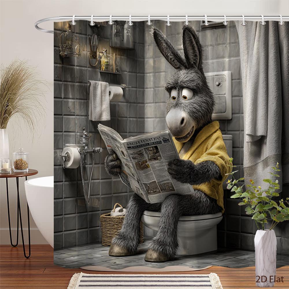 Funny Donkey Shower Curtain Reading Newspaper on Toilet Bathroom Decor Polyester Washable with Hooks 90x180