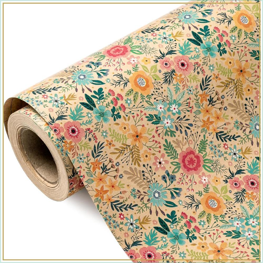 17"x9.8ft Kraft Floral Wrapping Paper Roll - Spring Summer Garden Design for Wedding, Birthday, Bridal Shower