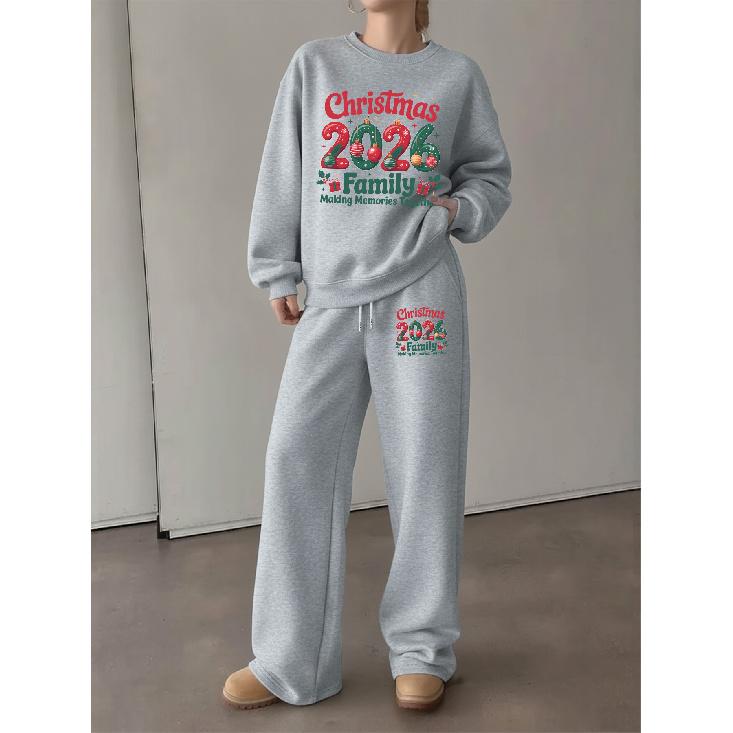 Women's Crewneck Sweatshirt & Drawstring Straight-Leg Pants 2-Piece Set, Christmas 2026 Family Theme Print, Casual Cozy Holiday Outfit