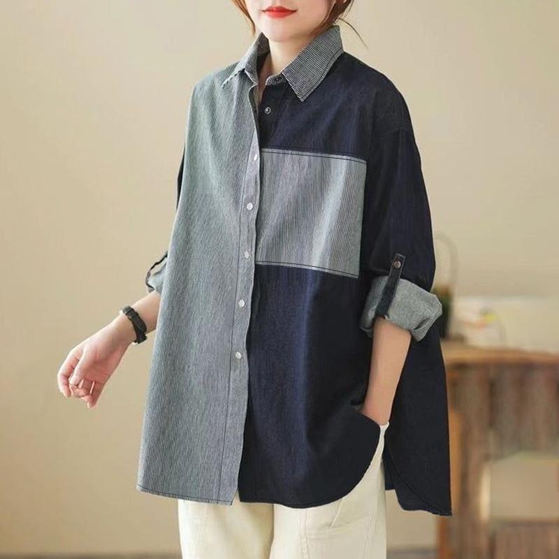 

ZANZEA Женская осенняя рубашка с воротником контрастного цвета с длинным рукавом 2XL темно-синий